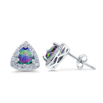Halo Stud Earrings Simulated Rainbow CZ Round 925 Sterling Silver(8mm)